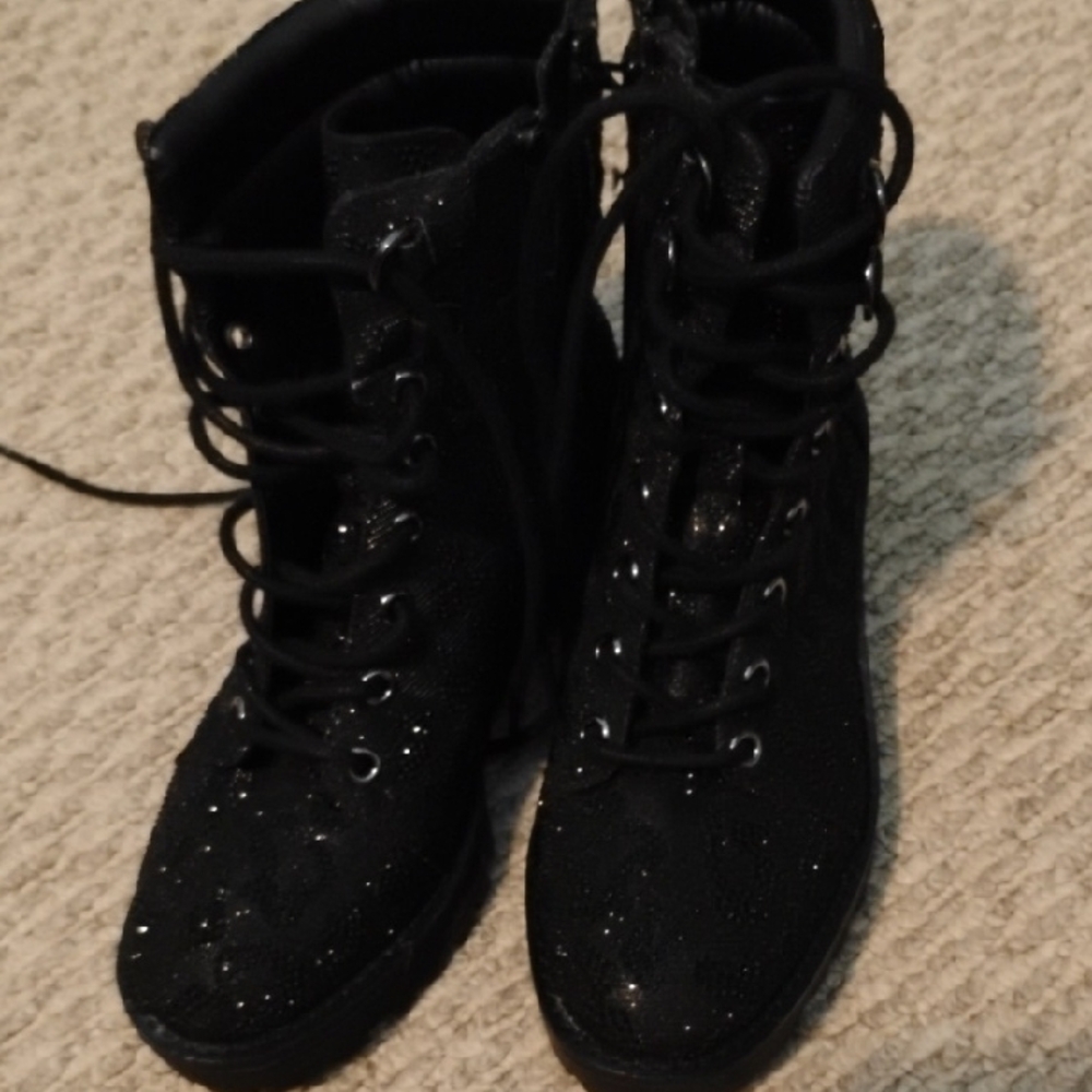 Gianni Bini Black Glitter Lace-Up Boots